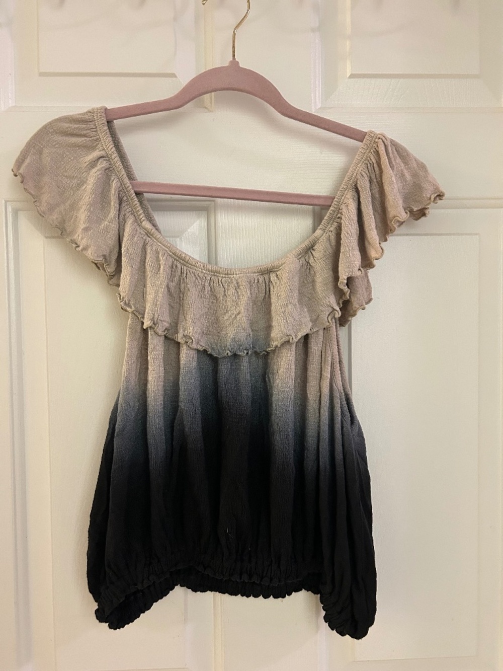 Free People Ombre Ruffle Off Shoulder Boho Top XS Gray Black